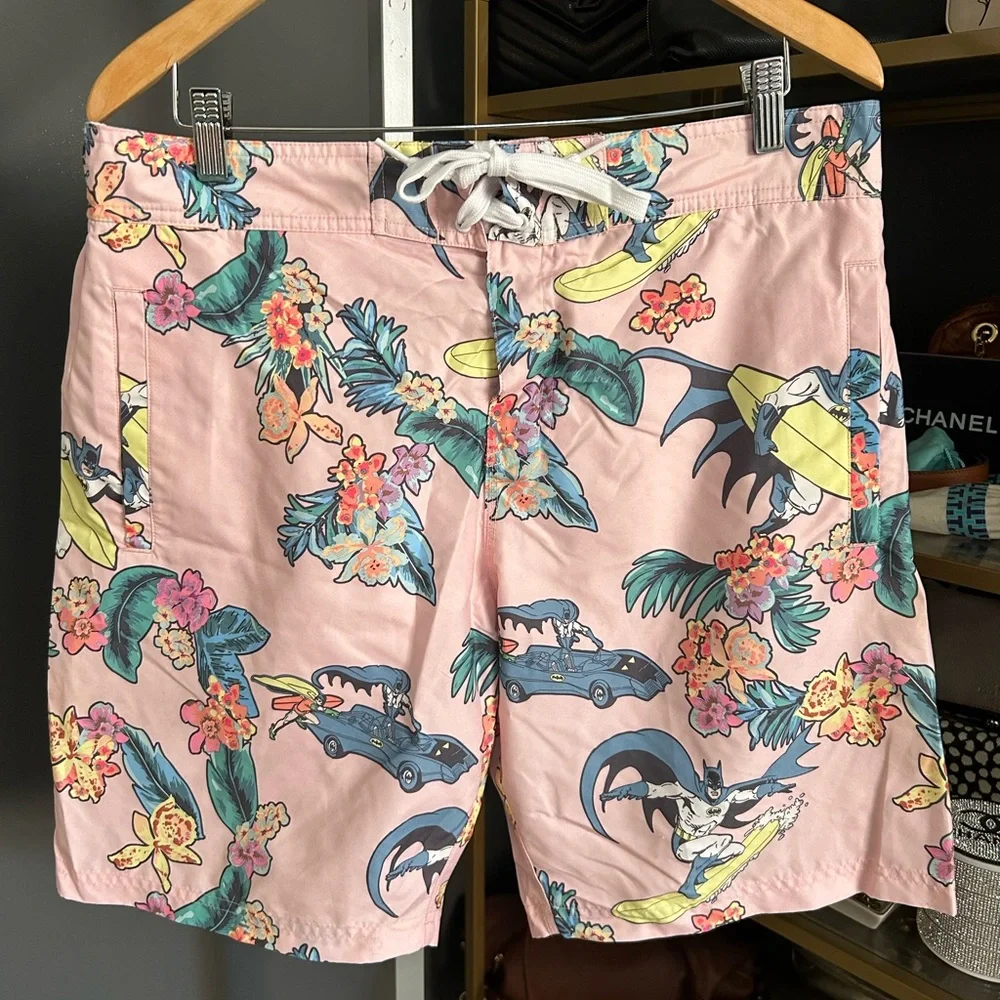 Batman Robin Pink Hawaiian Bathing Suit Shorts Swim Trunks Size L